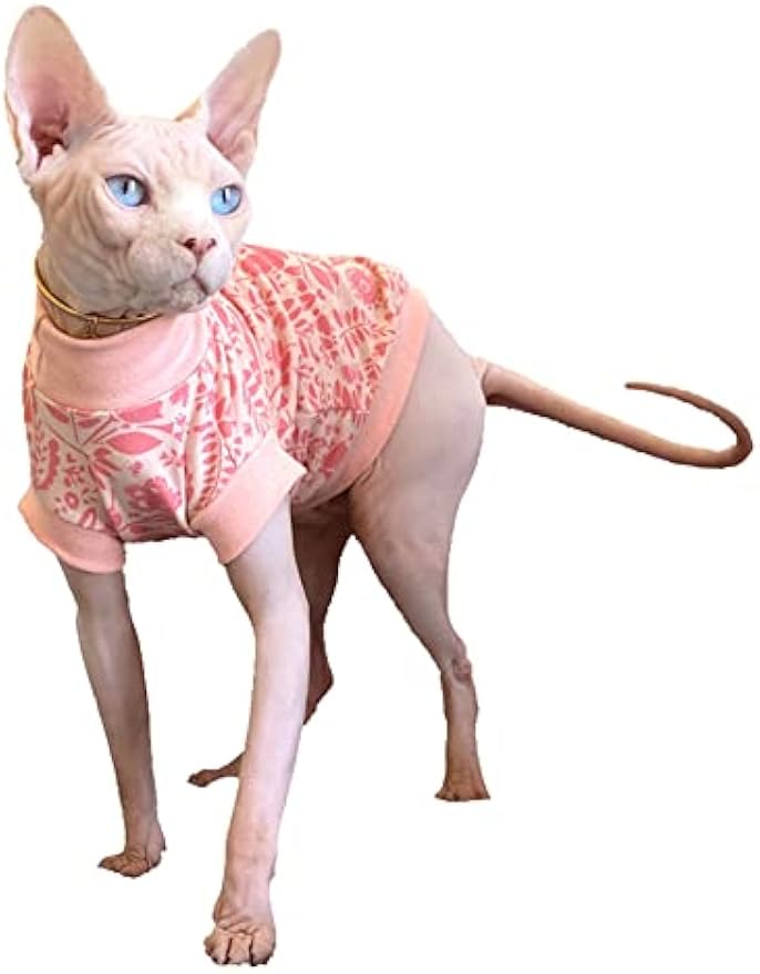 Hairless Cat Clothes Cotton Turtleneck T-Shirt Vest Flower Print Pullover Pajamas for Sphynx Cornish Rex Devon Rex Peterbald