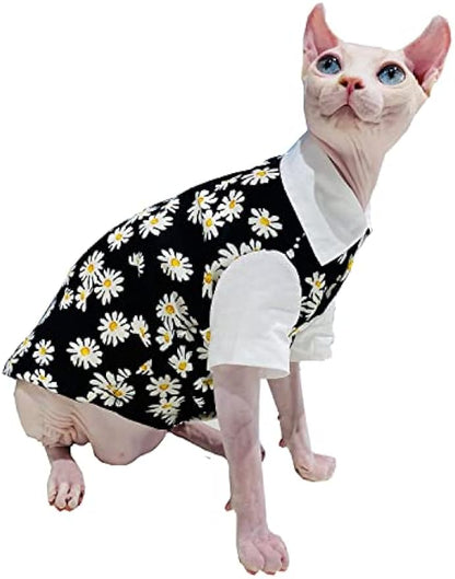 Hairless Cat T-Shirts Breathable Summer Cotton Black Shirts Button Closure Turn Down Collar Daisy Print Vest Pajamas Apparel