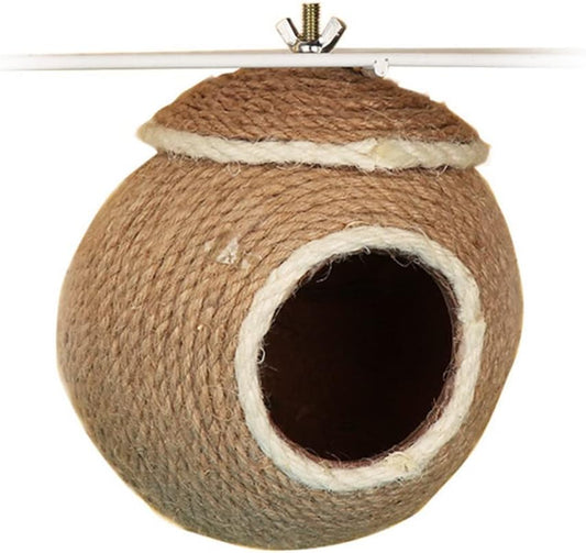 Sugar Glider House Natural Coconut Shell Hemp Rope Hut Hide Out Nest for Sugar Glider Hamster Squirrel Bird Parakeet,Cage Habitats Decor, Bird Cage Toy (Screw Fixed)