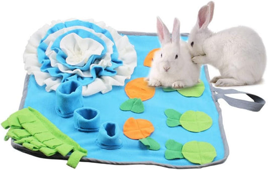 Rabbit Foraging Mat, Interactive Feed Game for Boredom, Small Pet Puzzle Toy, 20" x 20" Polar Fleece Snuffle Pad Bed Nosework Feeding Mat for Bunny Hamster Guinea Pigs Ferrets Chinchillas (Blue)