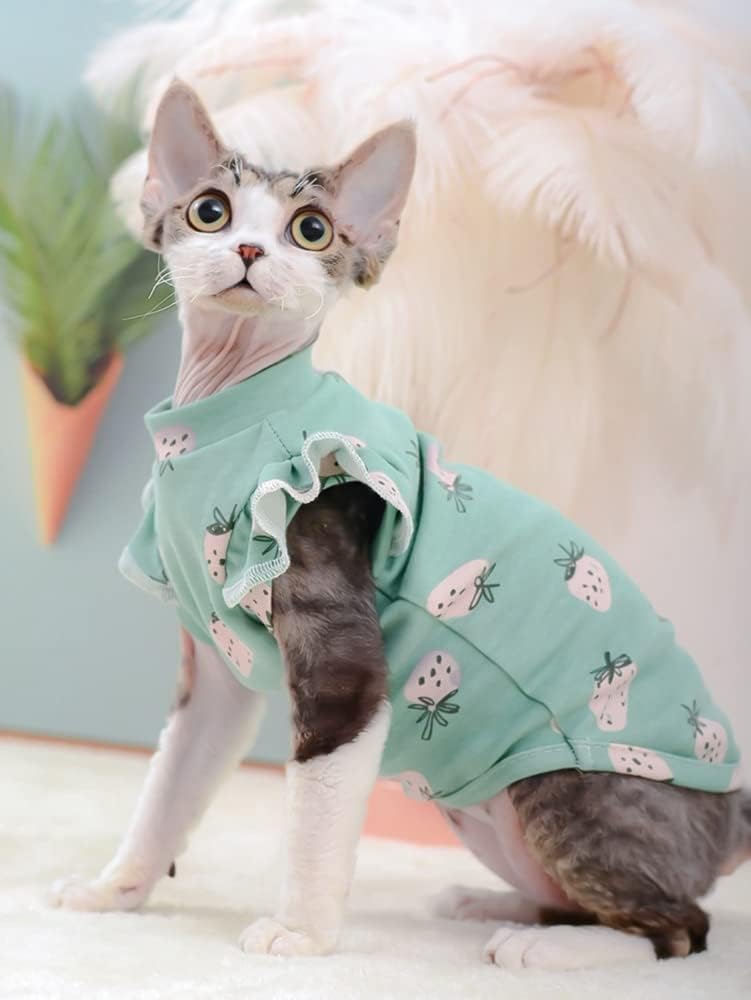 Hairless Cats Clothes, Summer Cotton Round Collar Dress T-Shirt Pet Clothes,Cats & Small Dogs Apparel,Thin Cat Wear Pullover Vest for Sphynx, Cornish Rex, Devon Rex, Peterbald (L,Green)