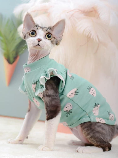 Hairless Cats Clothes, Summer Cotton Round Collar Dress T-Shirt Pet Clothes,Cats & Small Dogs Apparel,Thin Cat Wear Pullover Vest for Sphynx, Cornish Rex, Devon Rex, Peterbald (L,Green)