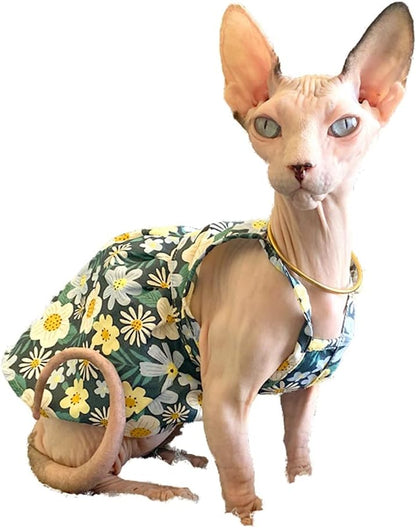 Hairless Cat Clothes - Breathable Summer Cotton Sundress with Sunflower Print Suspender Skirt Elegant Romantic Girly Vest Soft Princess Dress for Sphynx, Cornish Rex, Devon Rex, Peterbald (L)