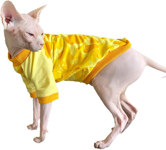 Hairless Cat Clothes Spring Autumn Cotton Long Sleeve Turtleneck T-Shirt Camouflage Print Vest Stretch Jumpsuits Pullover Comfort Pajamas for Sphynx,Cornish Rex, Devon Rex, Peterbald (L)