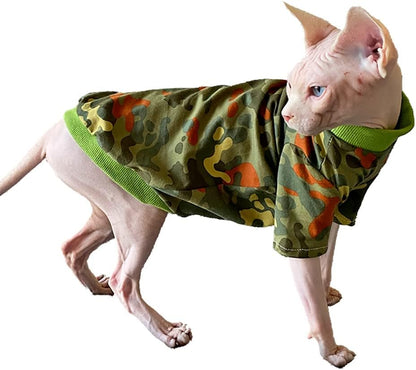 Hairless Cat Clothes Spring Fall Cotton Long Sleeve Turtleneck T-Shirt Camouflage Print Vest Stretch Jumpsuits Pullover Comfort Pajamas for Sphynx,Cornish Rex, Devon Rex, Peterbald (M,Green)