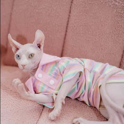 Hairless Cat Clothes - Spring Summer Cotton Polo T-Shirt Stripe Print Long Sleeve Pullover Jumpsuits Breathable Stretch Pajamas for Sphynx, Cornish Rex, Devon Rex, Peterbald (L,Pink)