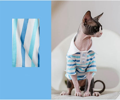 Hairless Cat Clothes - Spring Summer Cotton Polo T-Shirt Long Sleeve Stripe Print Pullover Jumpsuits Breathable Stretch Pajamas for Sphynx, Cornish Rex, Devon Rex, Peterbald (L,Blue)