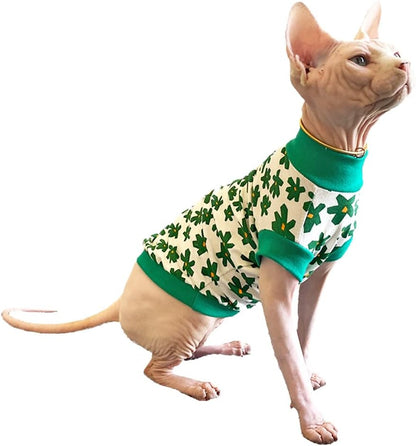 Hairless Cat Clothes Breathable Summer Cotton Thin Turtleneck T-Shirt Vest Clover Print Pullover Short Sleeve Tank Tops Pajamas Jumpsuits for Sphynx,Cornish Rex, Devon Rex, Peterbald (L)