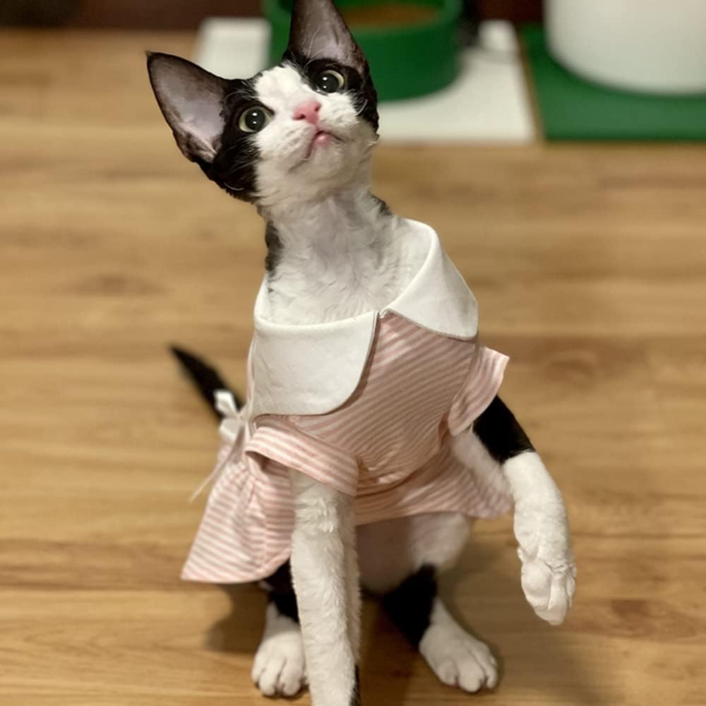 Sphynx Cat Clothes Navy Style Sailor Fashion Cat's Dress Shirts Kitten Shirts Comfort Breathable Spring Summer Girly Skirt Cat Apparel for Sphinx, Cornish Rex, Devon Rex, Peterbald (M,Pink)