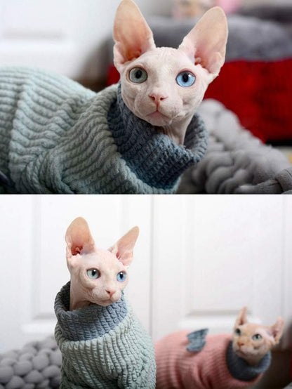 Hairless Cat Clothes, Turtleneck Cotton Sweater Shirt Four Legs Cat Pajamas, Suitable for Sphynx,Cornish Rex, Devon Rex, Peterbald and Various Sizes of Hairless Cat Clothes (XS,Blue)