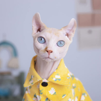 Hairless Cat T-Shirts Breathable Summer Cotton Yellow Shirts Button Closure Turn Down Collar Floral Print Cat Clothes Vest Pajamas Apparel for Sphynx, Cornish Rex, Devon Rex, Peterbald (XS)