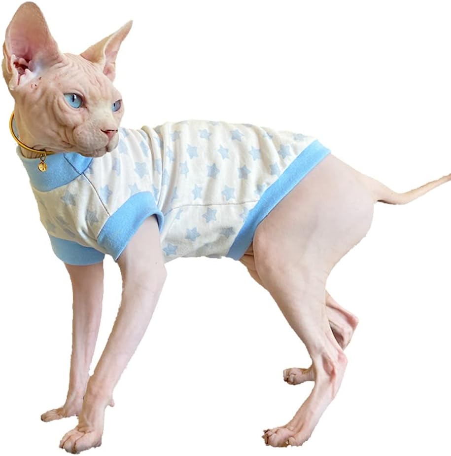 Hairless Cat Clothes Breathable Summer Cotton Thin Turtleneck T-Shirt Vest Star Print Pullover Short Sleeve Tank Tops Pajamas Jumpsuits for Sphynx,Cornish Rex, Devon Rex, Peterbald (L)