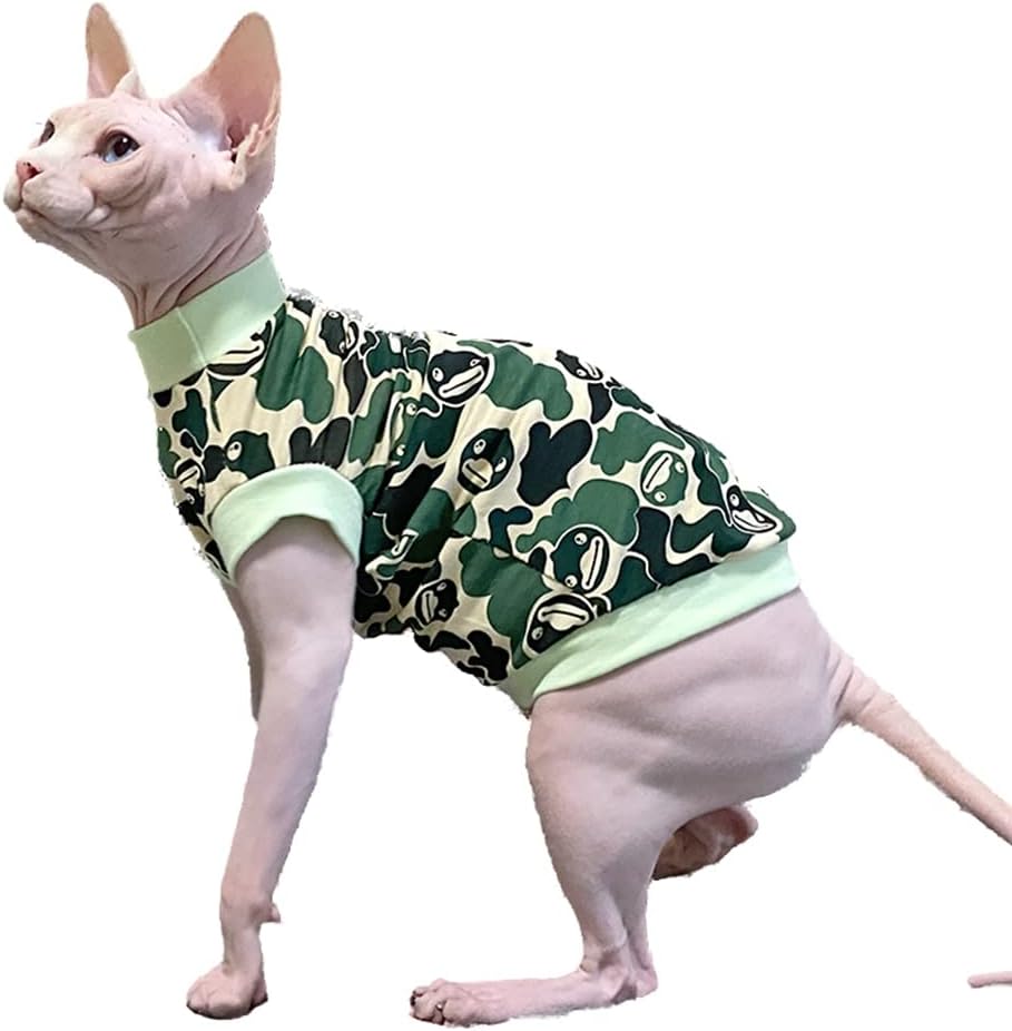 Hairless Cat Clothes Summer Cotton Thin Turtleneck T-Shirt Stretch Camouflage Print Short Sleeve Vest Tank Tops Pajamas Jumpsuits Pullover for Sphynx,Cornish Rex, Devon Rex, Peterbald (S)