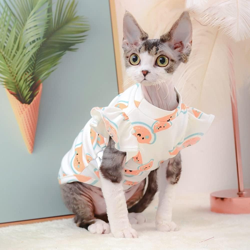 Hairless Cats Clothes, Summer Cotton Round Collar Dress T-Shirt Pet Clothes,Cats & Small Dogs Apparel,Thin Cat Wear Pullover Vest for Sphynx, Cornish Rex, Devon Rex, Peterbald (L,Green)