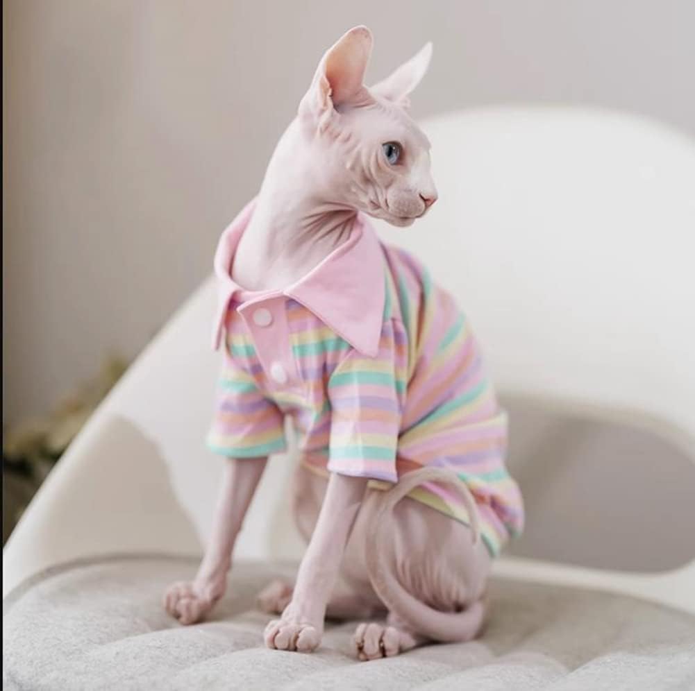 Hairless Cat Clothes - Spring Summer Cotton Polo T-Shirt Stripe Print Long Sleeve Pullover Jumpsuits Breathable Stretch Pajamas for Sphynx, Cornish Rex, Devon Rex, Peterbald (L,Pink)