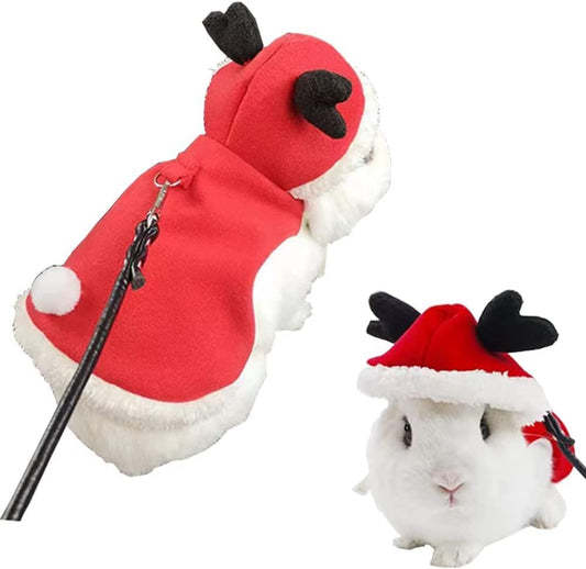 Small Animals Christmas Costume Rabbit Xmas Cape with Deer Antler Bunny Warm Clothes Cute Festival Outfits Guinea Pig Apparel for Ferret Kitten Chihuahua Mini Dog and Similar Sized Breeds (M)