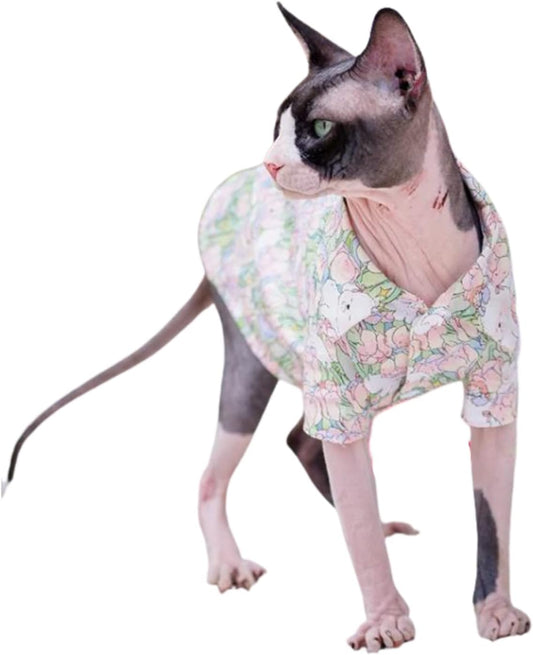 Hairless Cat Clothes - Summer Cotton Breathable T-Shirts Button Closure Turn Down Collar Stretch Jumpsuits Pullover Pajamas Cat Apparel for Sphynx, Cornish Rex, Devon Rex, Peterbald (S+,Pink)