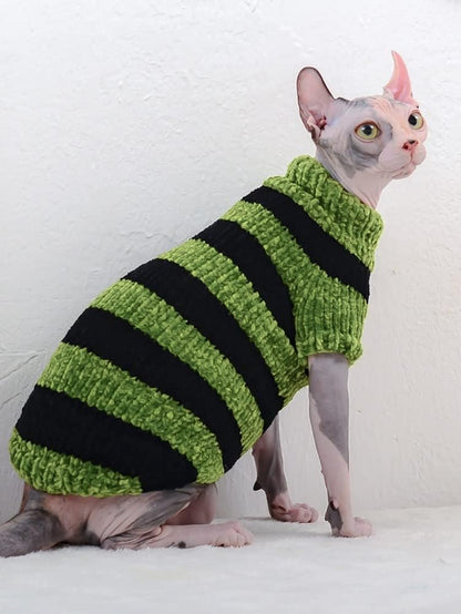 Hairless Cat Clothes, Turtleneck Cotton Knitted Striped Sweater, Suitable for Sphynx,Cornish Rex, Devon Rex, Peterbald and Various Sizes of Hairless Cat Clothes (M, Grass Green)