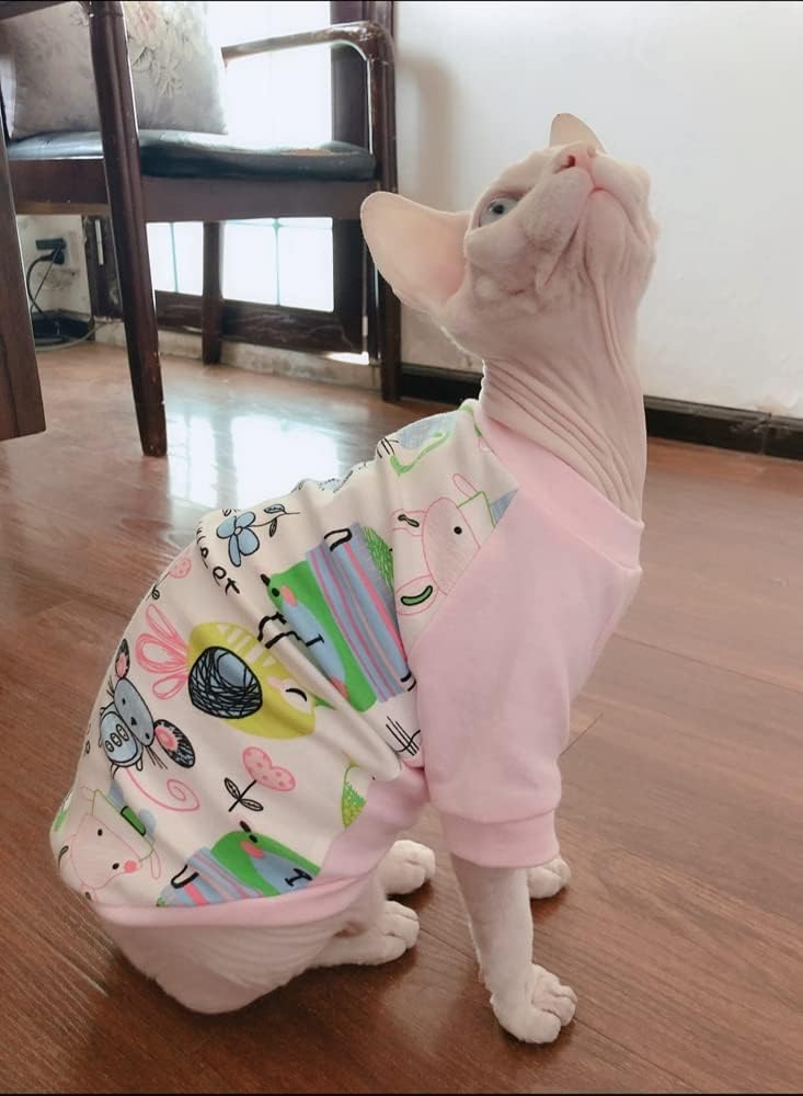 Hairlless Cat Clothes Breathable Summer Cotton Animal Print T-Shirt Cat Wear Clothes Vest Pajamas for Cats and Small Dogs Apparel for Sphynx, Cornish Rex, Devon Rex, Peterbald (S,Pink)