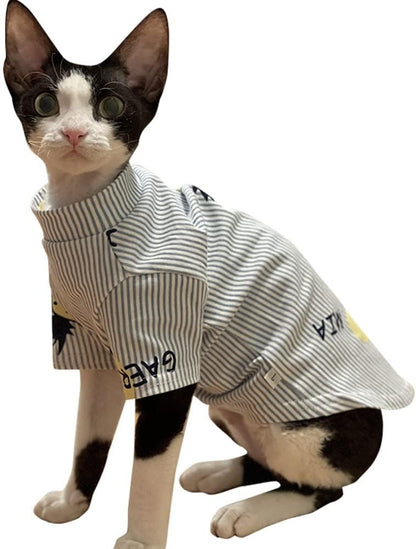 Hairless Cat Clothes - Summer Thin Cotton Stripe Cotton Shirt Breathable Soft Pullover Pajamas Camisole for Hairless Cats, Sphynx,Cornish Rex,Devon Rex,Peterbald (XXL)