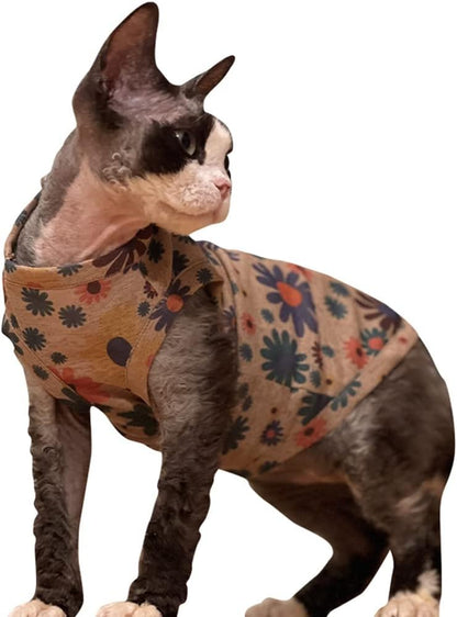 Hairless Cats Clothes Summer Thin Cotton Vest Breathable Soft Floral Print Pullover Tank Tops Sleeveless Shirt Cat Apparel Pajamas for Sphynx,Cornish Rex, Devon Rex, Peterbald (XXXL,Brown)