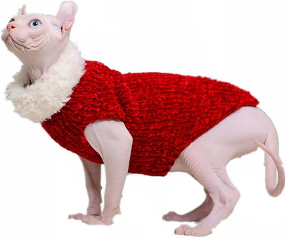 Hairless Cat Clothes, Turtleneck Winter Warm Faux Fur Sweater Outfit, Fashion High Collar Coat Pajamas Jumpsuit Clothes for Sphynx, Cornish Rex, Devon Rex, Peterbald, Hairless Cats (M,Red)