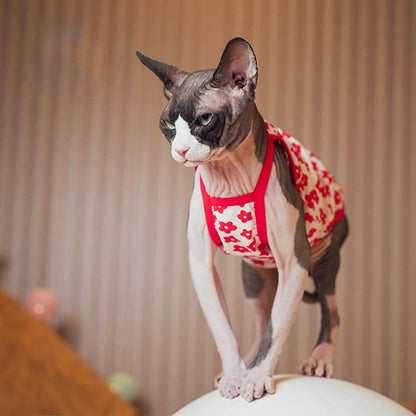 Sphynx Cat Clothes Breathable Summer Cotton Thin Camisole Sleeveless Shirt with Flower Print Strap Pullover Tank Tops Pajamas for Hairless Cats, Sphynx,Cornish Rex,Devon Rex,Peterbald (L,Red)