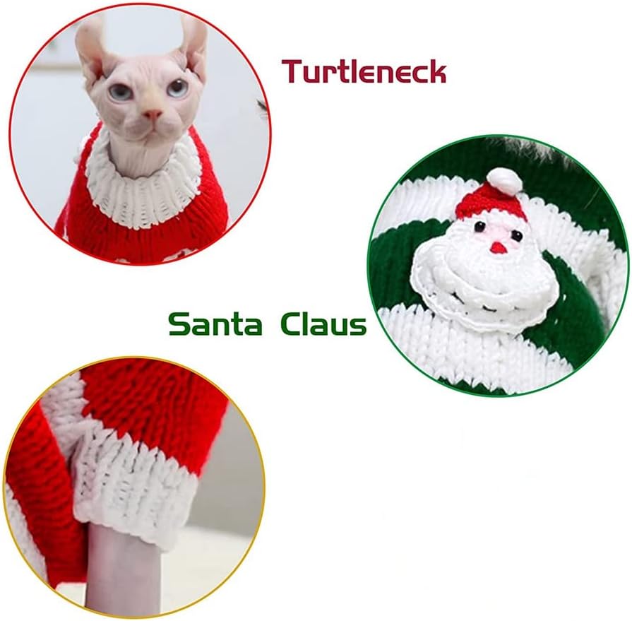 Hairless Cats Clothes with Santa Claus Pattern,Turtleneck Stripe Sweater for Cat, Hand Knitting Vest Shirt Pajamas Jumpsuit for Sphynx, Cornish Rex, Devon Rex, Peterbald (XS,Green)