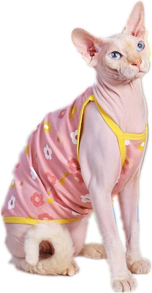 Sphynx Cat Clothes Summer Breathable Cotton Thin Camisole Sleeveless Shirt with Flower Print Strap Pullover Tank Tops Pajamas for Hairless Cats, Sphynx,Cornish Rex,Devon Rex,Peterbald (XL,Pink)