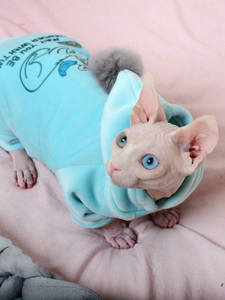 Hairless Cat Clothes, Four Leg Cotton Hoodie Sweater Cat Pajamas, Suitable for Sphynx,Cornish Rex, Devon Rex, Peterbald and Various Sizes of Hairless Cat Clothes (S,Blue)