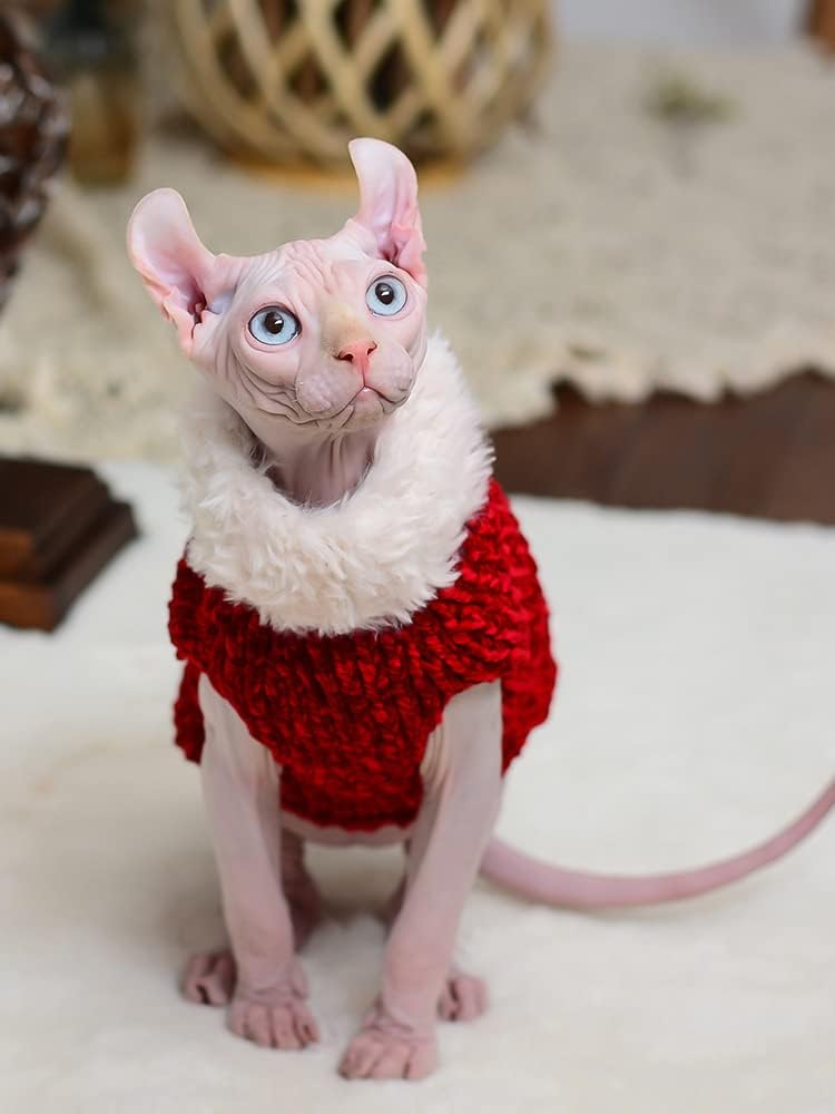 Hairless Cat Clothes, Turtleneck Winter Warm Faux Fur Sweater Outfit, Fashion High Collar Coat Pajamas Jumpsuit Clothes for Sphynx, Cornish Rex, Devon Rex, Peterbald, Hairless Cats (M,Red)