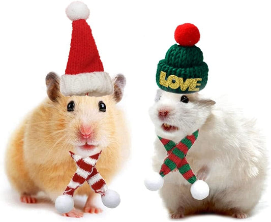 Small Animal Christmas Costume - 4 Pcs Christmas Hat and Scarf for Hamster Fancy Rat Hedgehog Lizard Bearded Dragon and Other Similar Small Pet (4 Pcs)