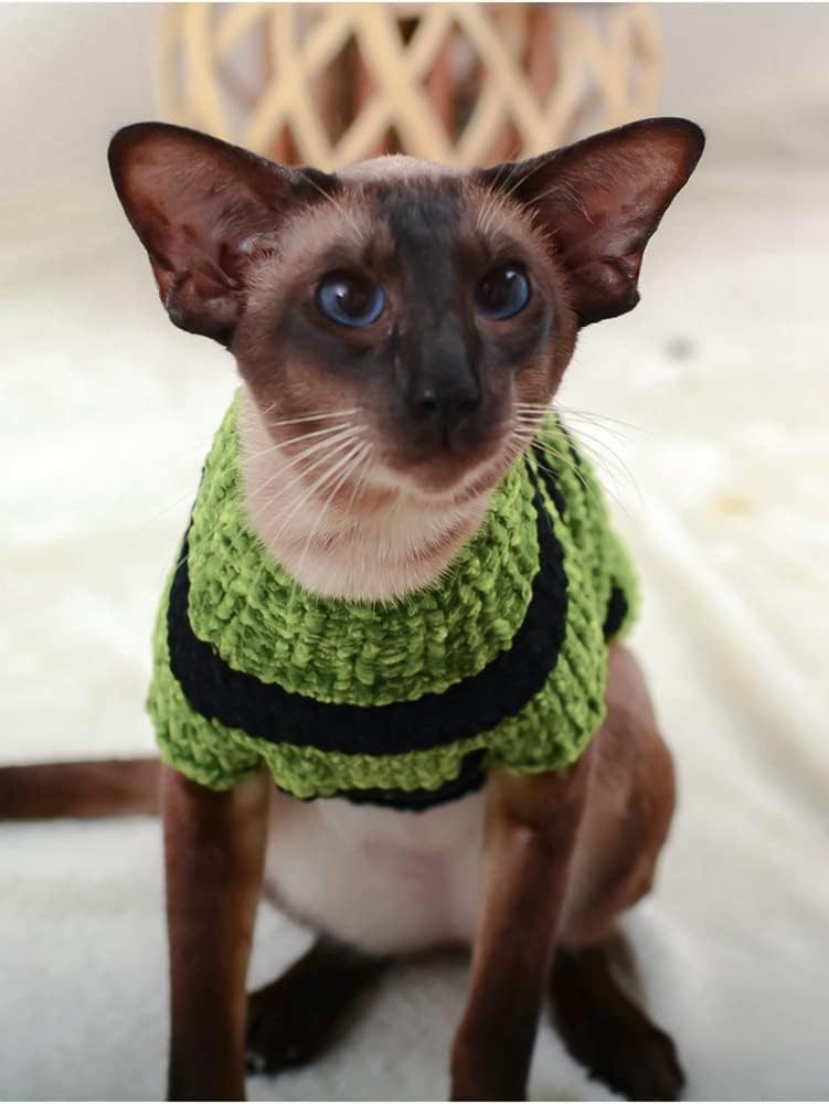 Hairless Cat Clothes, Turtleneck Cotton Knitted Striped Sweater, Suitable for Sphynx,Cornish Rex, Devon Rex, Peterbald and Various Sizes of Hairless Cat Clothes (M, Grass Green)