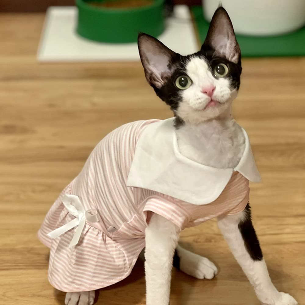 Sphynx Cat Clothes Navy Style Sailor Fashion Cat's Dress Shirts Kitten Shirts Comfort Breathable Spring Summer Girly Skirt Cat Apparel for Sphinx, Cornish Rex, Devon Rex, Peterbald (M,Pink)