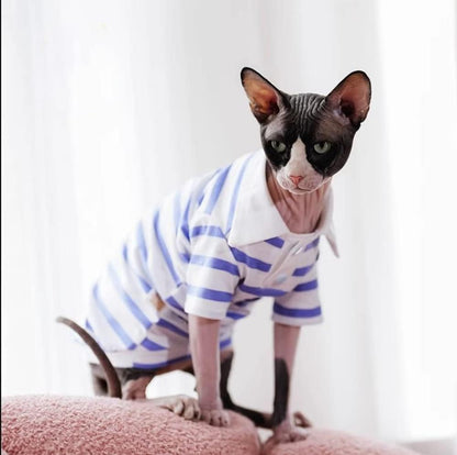 Hairless Cat Clothes - Spring Summer Cotton Polo T-Shirt Stripe Print Long Sleeve Pullover Breathable Jumpsuits Stretch Pajamas for Sphynx, Cornish Rex, Devon Rex, Peterbald (S+,Blue)