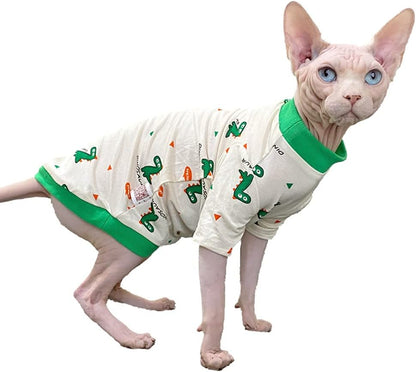 Hairless Cat Clothes Spring Fall Cotton Long Sleeve Turtleneck T-Shirt Dinosaur Print Vest Stretch Jumpsuits Pullover Comfort Pajamas for Sphynx,Cornish Rex, Devon Rex, Peterbald (XL)