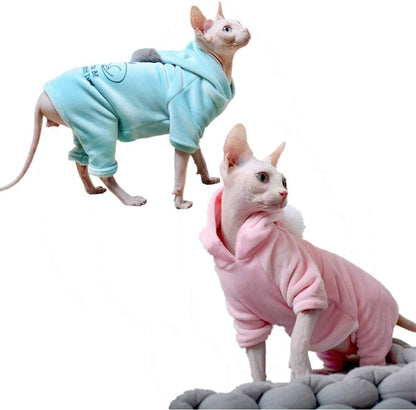 Hairless Cat Clothes, Four Leg Cotton Hoodie Sweater Cat Pajamas, Suitable for Sphynx,Cornish Rex, Devon Rex, Peterbald and Various Sizes of Hairless Cat Clothes (S,Blue)