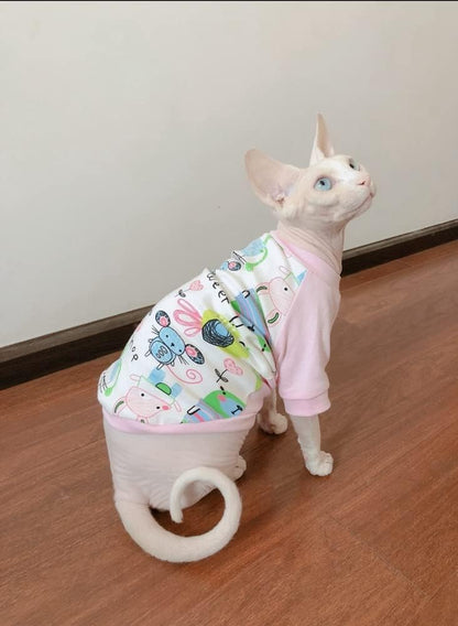 Hairlless Cat Clothes Breathable Summer Cotton Animal Print T-Shirt Cat Wear Clothes Vest Pajamas for Cats and Small Dogs Apparel for Sphynx, Cornish Rex, Devon Rex, Peterbald (S,Pink)