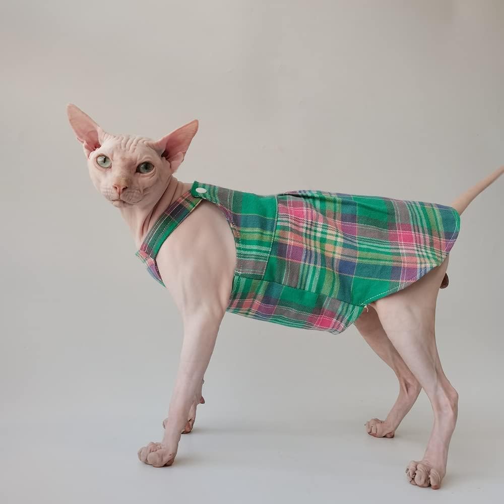 Hairless Cat Clothes - Summer Breathable Plaid Buckle Suspender Skirt Elegant Sleeveless Girly Dress,Soft Cotton Vest Princess Dress for Sphynx, Cornish Rex, Devon Rex, Peterbald (L)