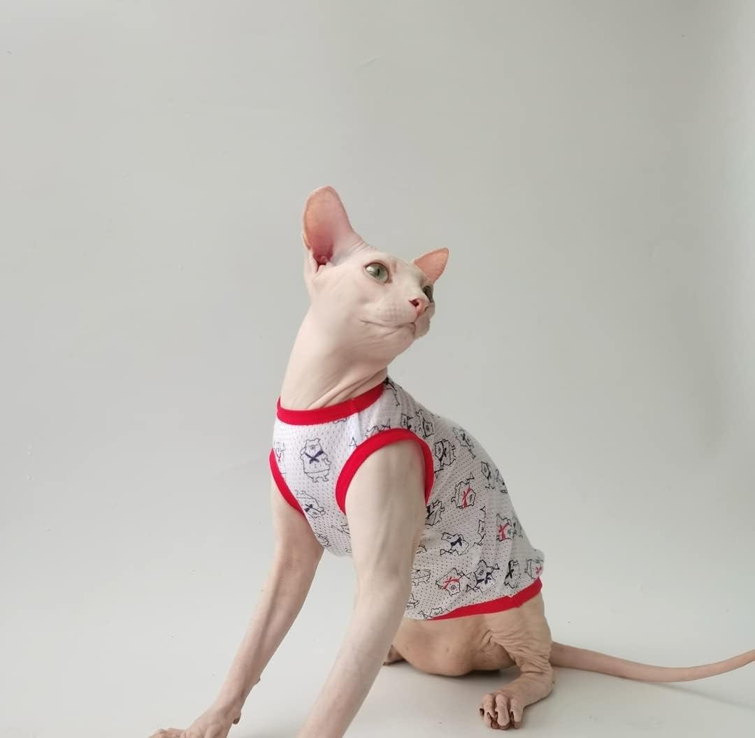 Sphynx Cat Clothes - Summer Thin Cotton Shirt Breathable Animal Print Sleeveless Tank Tops Cat Apparel Pajamas Camisole for Hairless Cats, Sphynx, Cornish Rex, Devon Rex, Peterbald (S,Red)