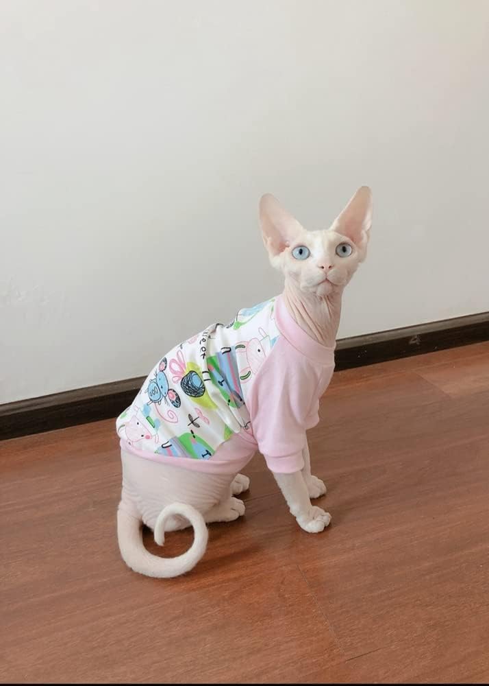 Hairlless Cat Clothes Breathable Summer Cotton Animal Print T-Shirt Cat Wear Clothes Vest Pajamas for Cats and Small Dogs Apparel for Sphynx, Cornish Rex, Devon Rex, Peterbald (S,Pink)