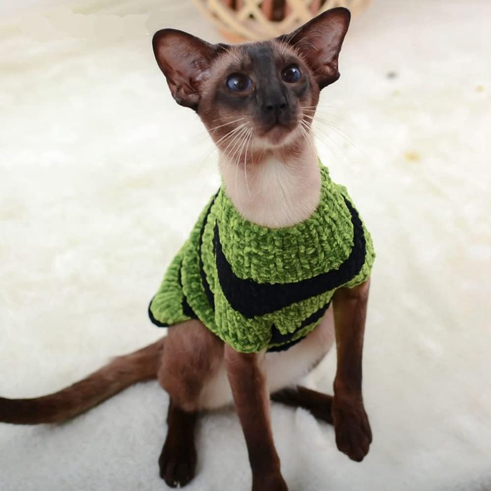 Hairless Cat Clothes, Turtleneck Cotton Knitted Striped Sweater, Suitable for Sphynx,Cornish Rex, Devon Rex, Peterbald and Various Sizes of Hairless Cat Clothes (M, Grass Green)