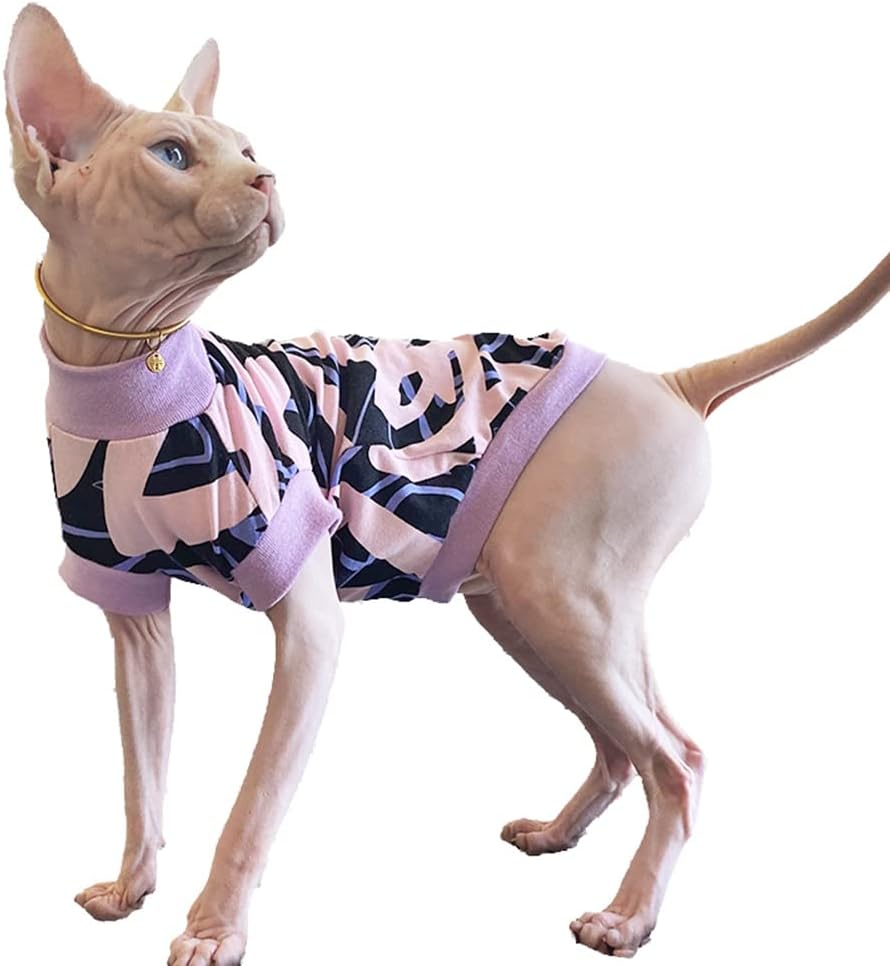 Hairless Cat Clothes Breathable Summer Cotton Thin Turtleneck T-Shirt Vest Geometry Print Pullover Short Sleeve Tank Tops Pajamas Jumpsuits for Sphynx,Cornish Rex, Devon Rex, Peterbald (XL)