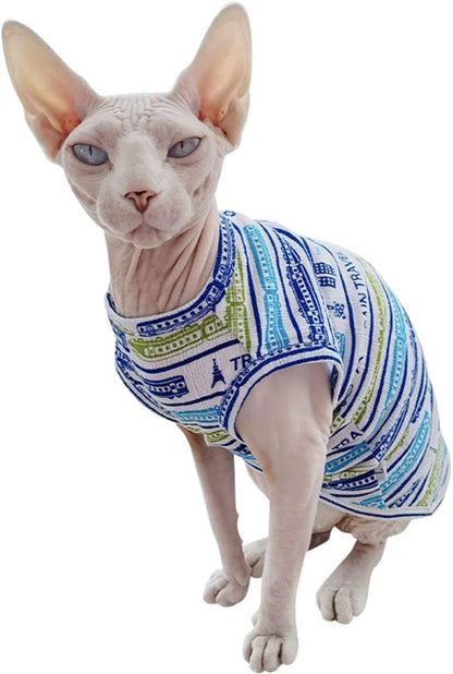 Hairless Cats Clothes Summer Thin Cotton Vest Breathable Soft Blue Stripes Pullover Tank Tops Sleeveless Shirt Cat Apparel Pajamas for Sphynx,Cornish Rex, Devon Rex, Peterbald (L,Blue)