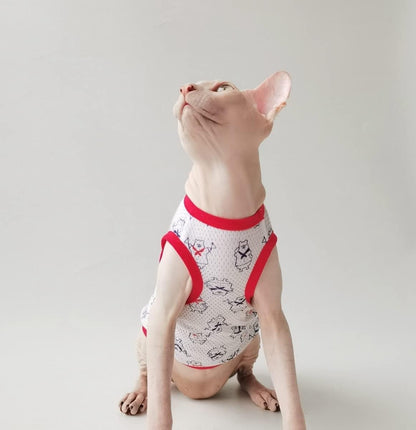 Sphynx Cat Clothes - Summer Thin Cotton Shirt Breathable Animal Print Sleeveless Tank Tops Cat Apparel Pajamas Camisole for Hairless Cats, Sphynx, Cornish Rex, Devon Rex, Peterbald (S,Red)