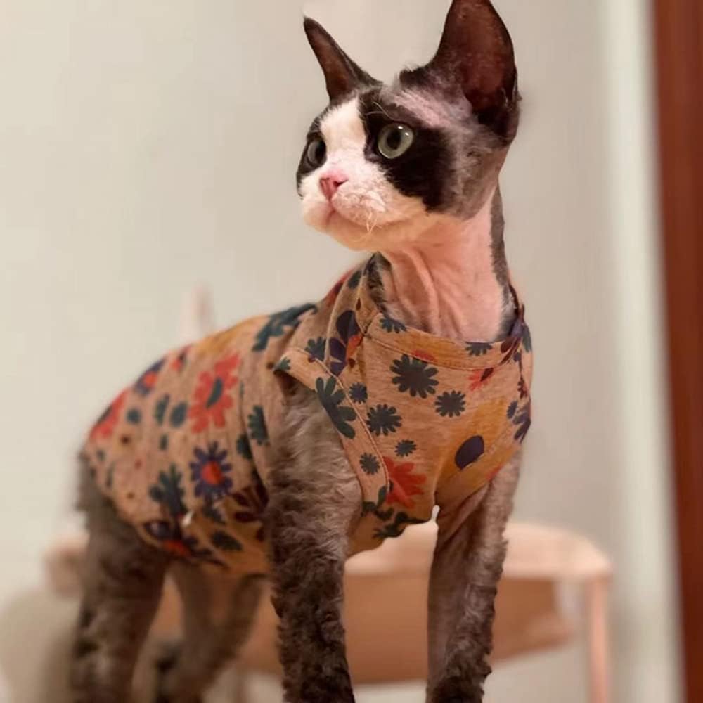 Hairless Cats Clothes Summer Thin Cotton Vest Breathable Soft Floral Print Pullover Tank Tops Sleeveless Shirt Cat Apparel Pajamas for Sphynx,Cornish Rex, Devon Rex, Peterbald (XXXL,Brown)