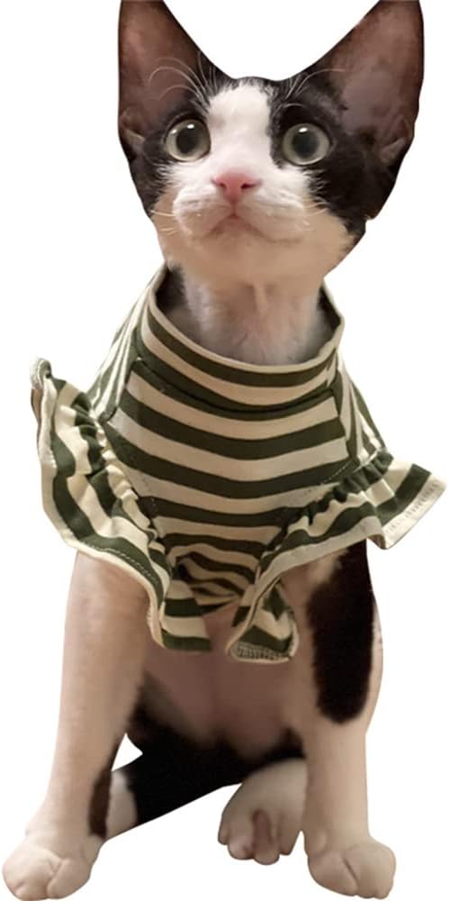 Sphynx Cat Clothes Breathable Summer Cotton Strip T-Shirts Round Collar Cat Wear Clothes Vest Pajamas for Cats and Small Dogs Apparel for Sphynx, Cornish Rex, Devon Rex, Peterbald (XXL,Green)