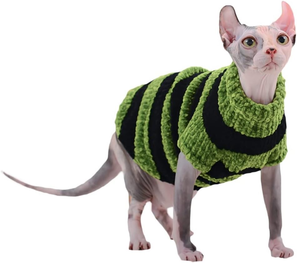 Hairless Cat Clothes, Turtleneck Cotton Knitted Striped Sweater, Suitable for Sphynx,Cornish Rex, Devon Rex, Peterbald and Various Sizes of Hairless Cat Clothes (M, Grass Green)