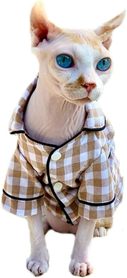 Hairless Cats Clothes Breathable Spring Summer Cotton Plaid Cat Pajamas Soft PJs Rompers Pet Jumpsuits Cozy Bodysuits for Sphynx, Cornish Rex, Devon Rex, Peterbald (M-,Khaki)