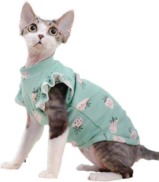 Hairless Cats Clothes, Summer Cotton Round Collar Dress T-Shirt Pet Clothes,Cats & Small Dogs Apparel,Thin Cat Wear Pullover Vest for Sphynx, Cornish Rex, Devon Rex, Peterbald (L,Green)